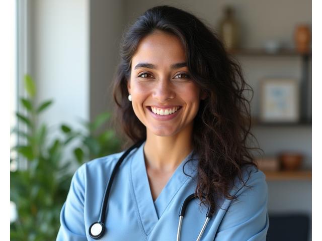 Portrait of Dr. Maya Patel, a warm female chiropractor in a modern clinic setting.