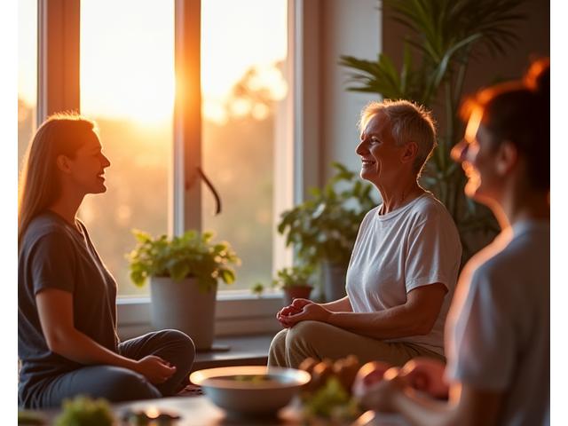 Diverse adults aged 35-55 engaged in various wellness activities like yoga, healthy cooking, and mindful meditation, with a warm, inviting glow