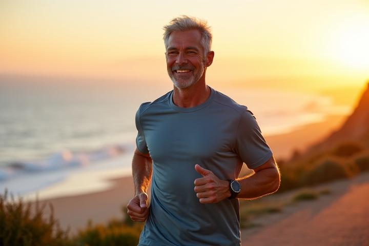 Active man in his late 40s jogging by the beach, exuding vitality and strength